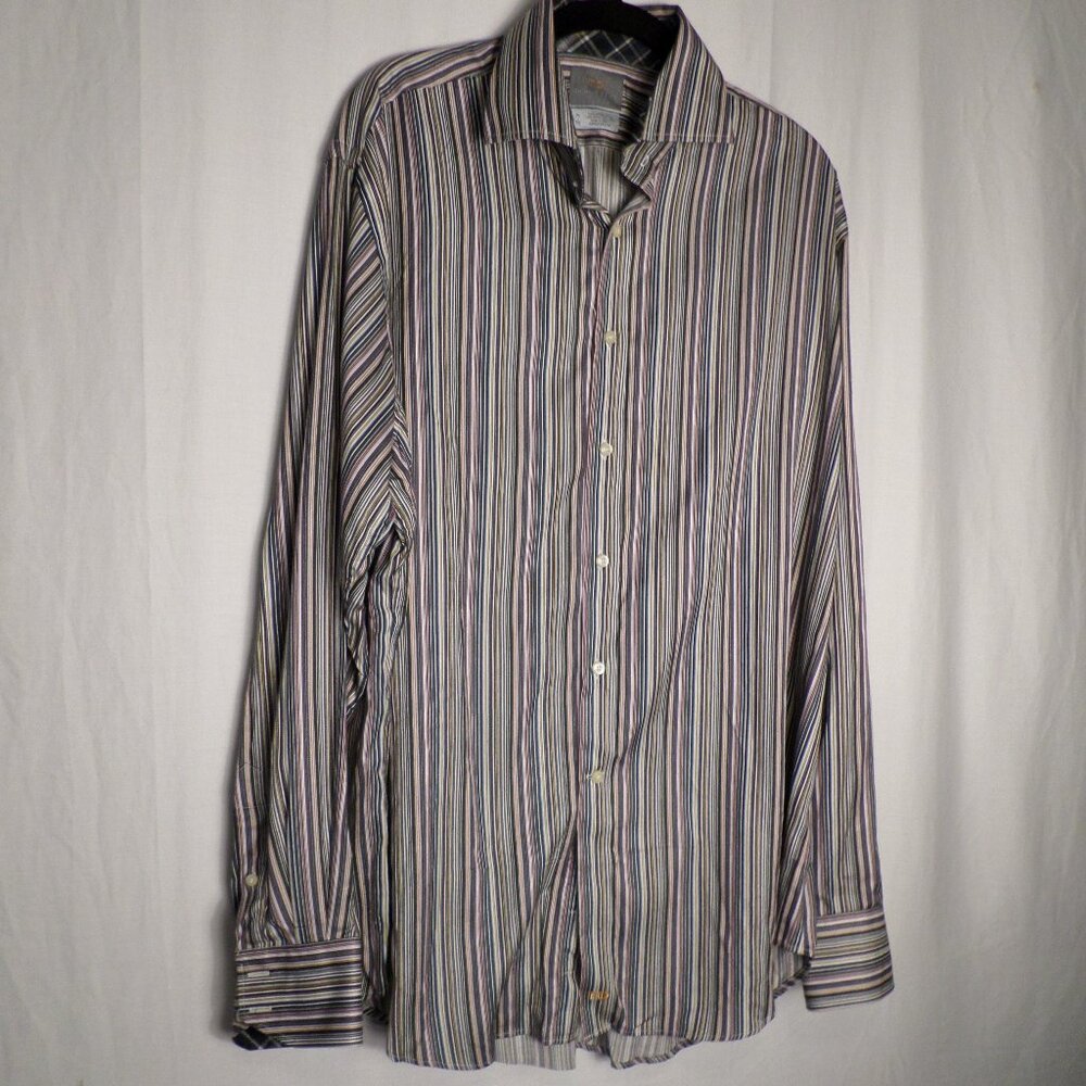 TD Thomas Dean Blue Striped Mens Collared Dress Shirt Long Sleeve Sz XL